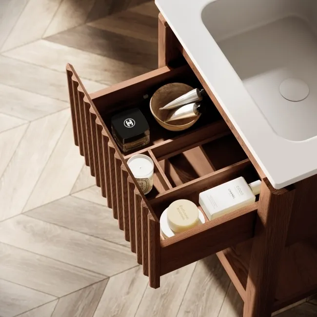 Maru Walnut Wood Grain Vanity Unit & Matt White Stone Basin 600mm
