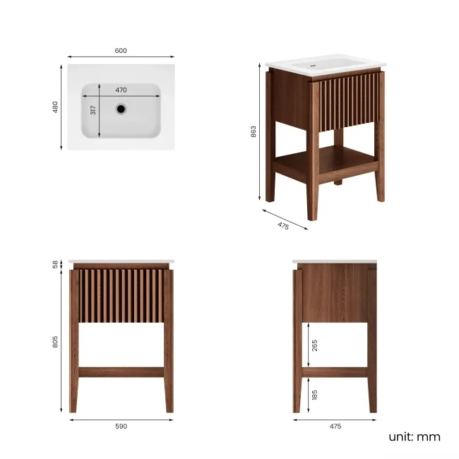 Maru Walnut Wood Grain Vanity Unit & Matt White Stone Basin 600mm