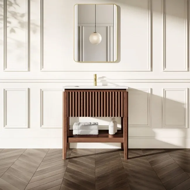 Maru Walnut Wood Grain Vanity Unit & Matt White Stone Basin 800mm