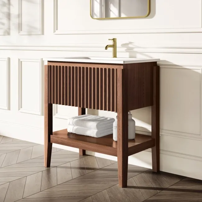 Maru Walnut Wood Grain Vanity Unit & Matt White Stone Basin 800mm