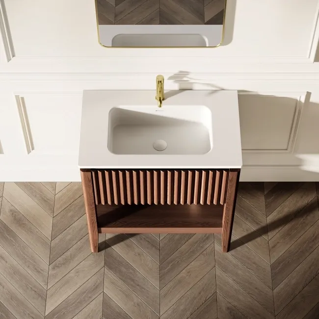 Maru Walnut Wood Grain Vanity Unit & Matt White Stone Basin 800mm