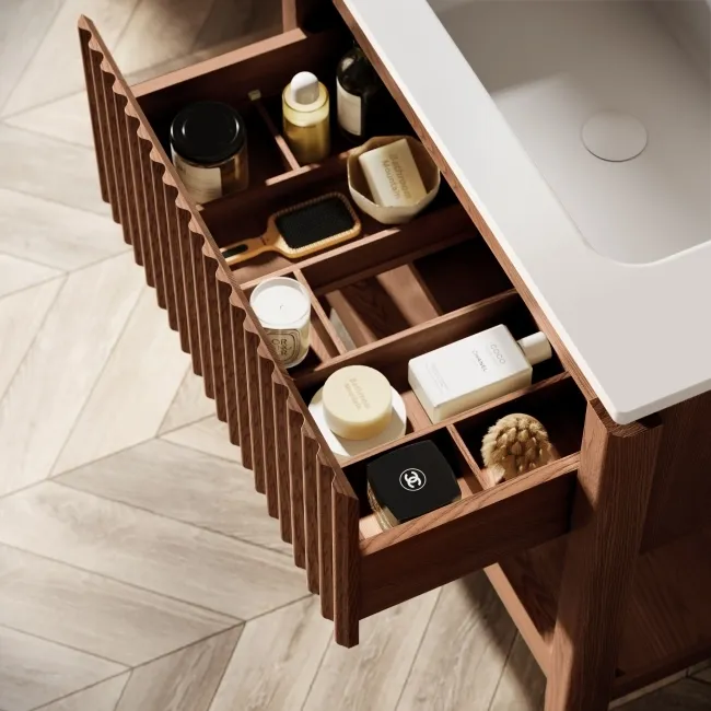 Maru Walnut Wood Grain Vanity Unit & Matt White Stone Basin 800mm