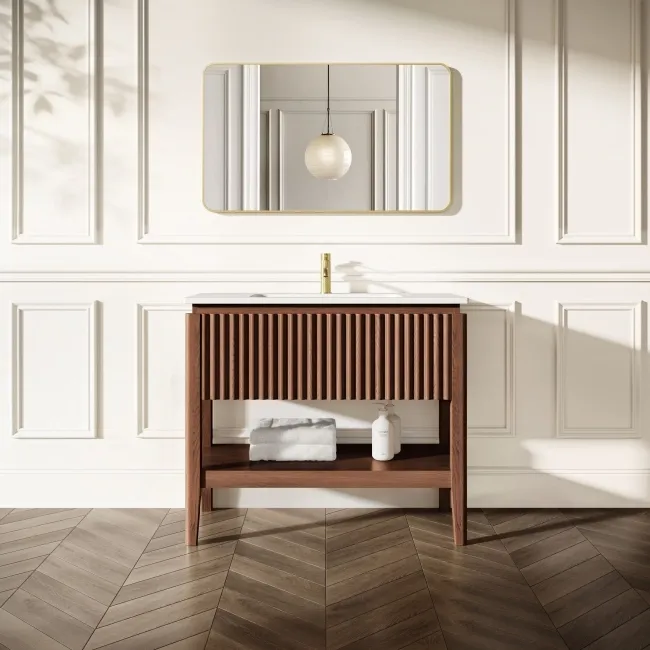 Maru Walnut Wood Grain Vanity Unit & Matt White Stone Basin 1000mm