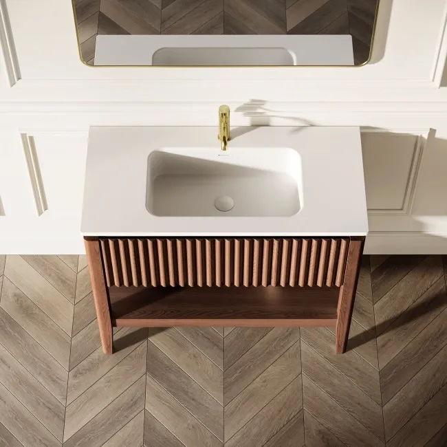 Maru Walnut Wood Grain Vanity Unit & Matt White Stone Basin 1000mm