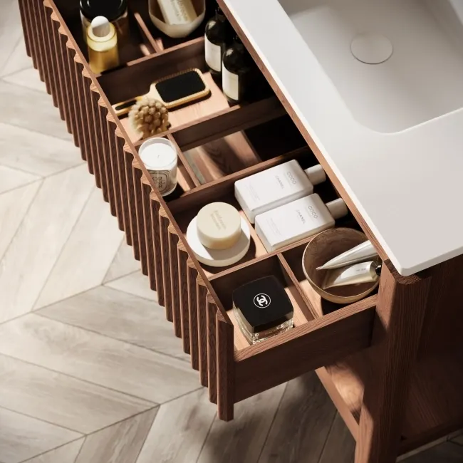 Maru Walnut Wood Grain Vanity Unit & Matt White Stone Basin 1000mm