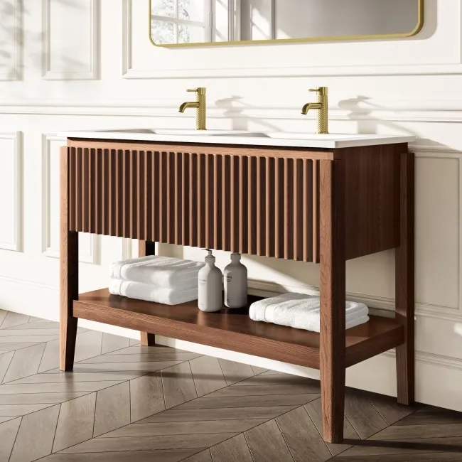 Maru Walnut Wood Grain Vanity Unit & Matt White Double Stone Basin 1200mm