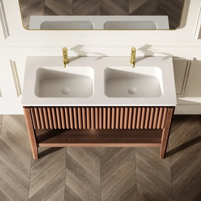 Maru Walnut Wood Grain Vanity Unit & Matt White Double Stone Basin 1200mm