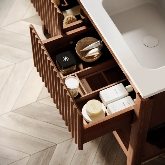 Maru Walnut Wood Grain Vanity Unit & Matt White Double Stone Basin 1200mm