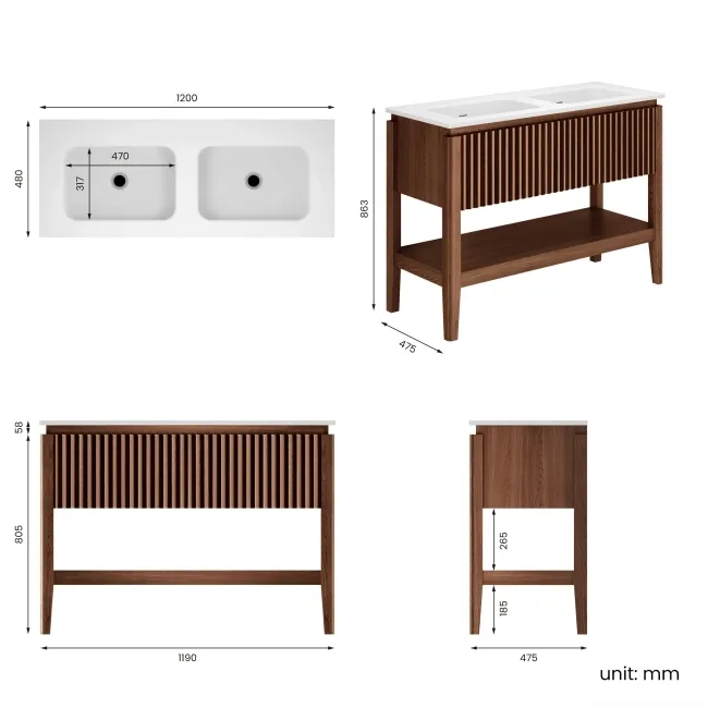 Maru Walnut Wood Grain Vanity Unit & Matt White Double Stone Basin 1200mm