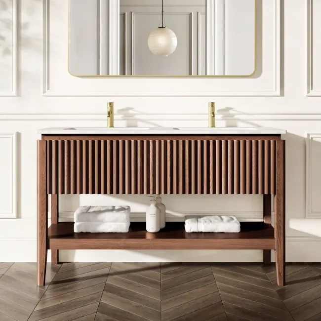 Maru Walnut Wood Grain Vanity Unit & Matt White Double Stone Basin 1400mm
