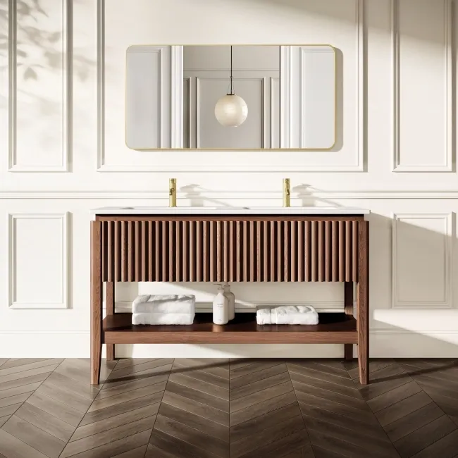 Maru Walnut Wood Grain Vanity Unit & Matt White Double Stone Basin 1400mm