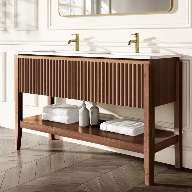 Maru Walnut Wood Grain Vanity Unit & Matt White Double Stone Basin 1400mm