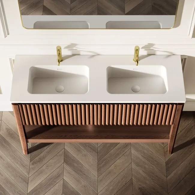 Maru Walnut Wood Grain Vanity Unit & Matt White Double Stone Basin 1400mm