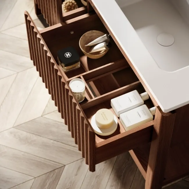 Maru Walnut Wood Grain Vanity Unit & Matt White Double Stone Basin 1400mm