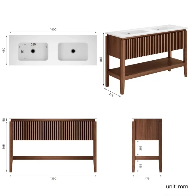 Maru Walnut Wood Grain Vanity Unit & Matt White Double Stone Basin 1400mm