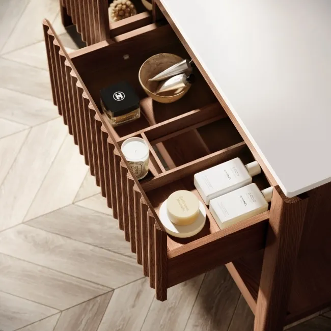 Maru Walnut Wood Grain Vanity Cabinet 1400mm with Matt White Stone Top - Basin Not Included