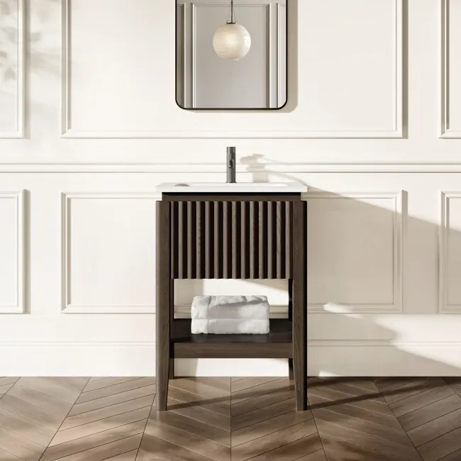 Maru Black Oak Wood Grain Vanity Unit & Matt White Stone Basin 600mm