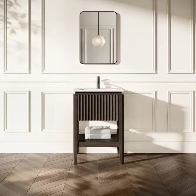 Maru Black Oak Wood Grain Vanity Unit & Matt White Stone Basin 600mm