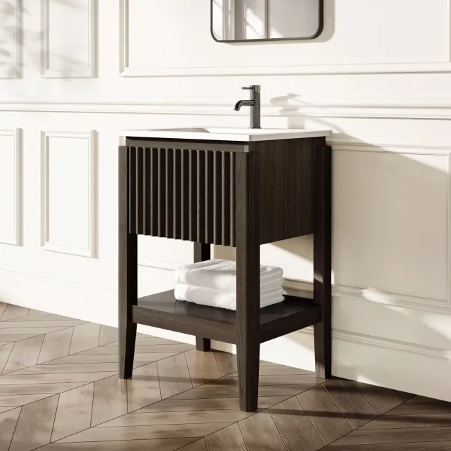 Maru Black Oak Wood Grain Vanity Unit & Matt White Stone Basin 600mm