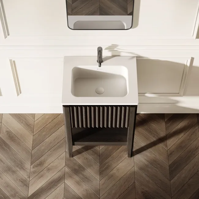Maru Black Oak Wood Grain Vanity Unit & Matt White Stone Basin 600mm