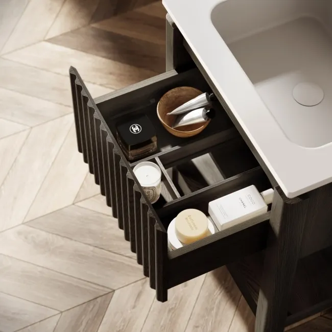 Maru Black Oak Wood Grain Vanity Unit & Matt White Stone Basin 600mm
