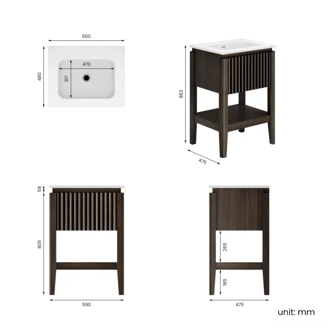 Maru Black Oak Wood Grain Vanity Unit & Matt White Stone Basin 600mm