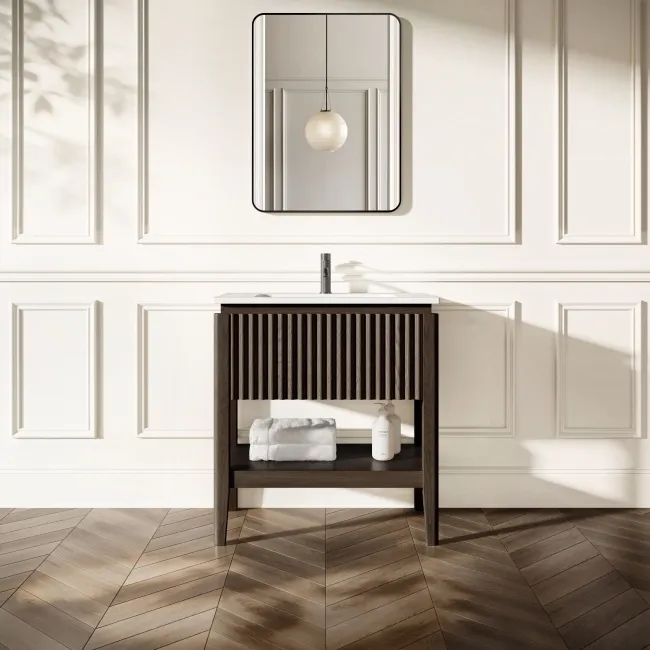 Maru Black Oak Wood Grain Vanity Unit & Matt White Stone Basin 800mm