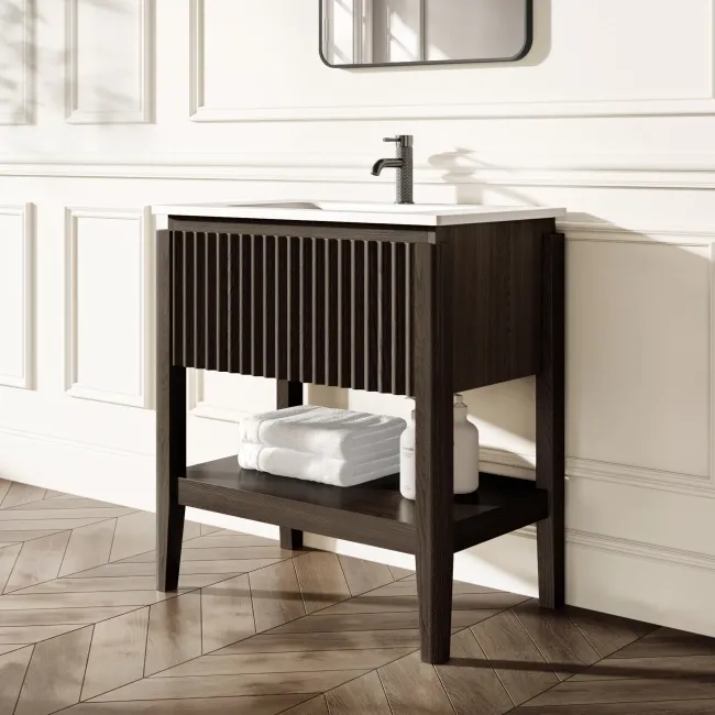 Maru Black Oak Wood Grain Vanity Unit & Matt White Stone Basin 800mm