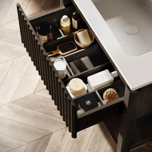 Maru Black Oak Wood Grain Vanity Unit & Matt White Stone Basin 800mm