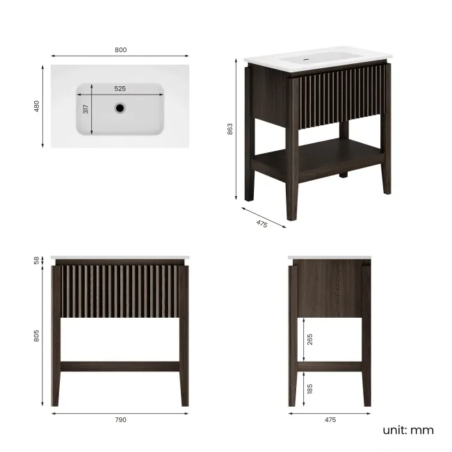Maru Black Oak Wood Grain Vanity Unit & Matt White Stone Basin 800mm