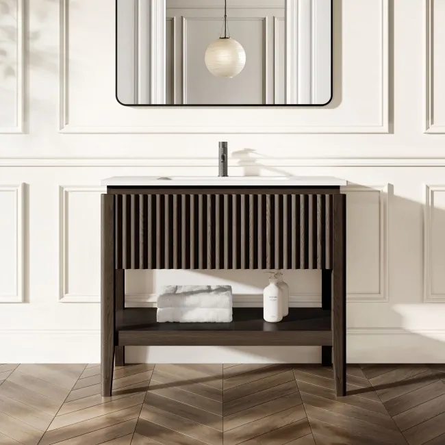 Maru Black Oak Wood Grain Vanity Unit & Matt White Stone Basin 1000mm