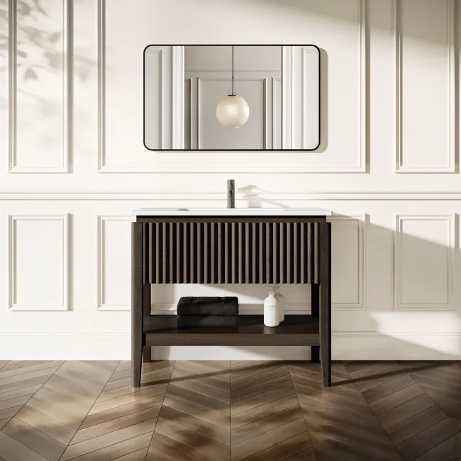 Maru Black Oak Wood Grain Vanity Unit & Matt White Stone Basin 1000mm