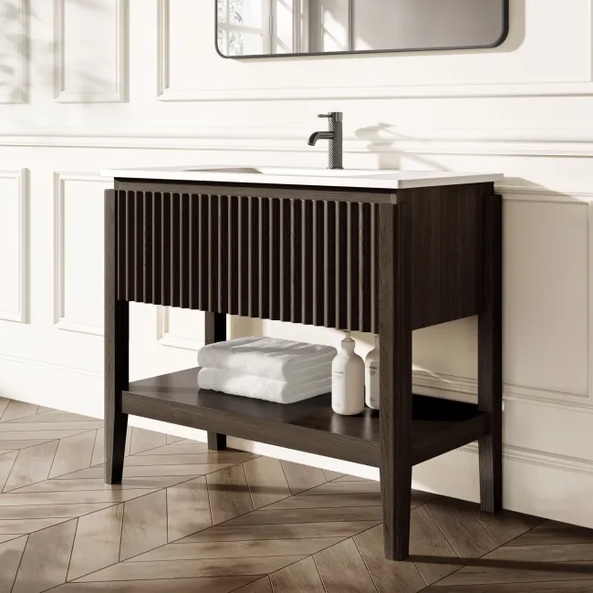 Maru Black Oak Wood Grain Vanity Unit & Matt White Stone Basin 1000mm