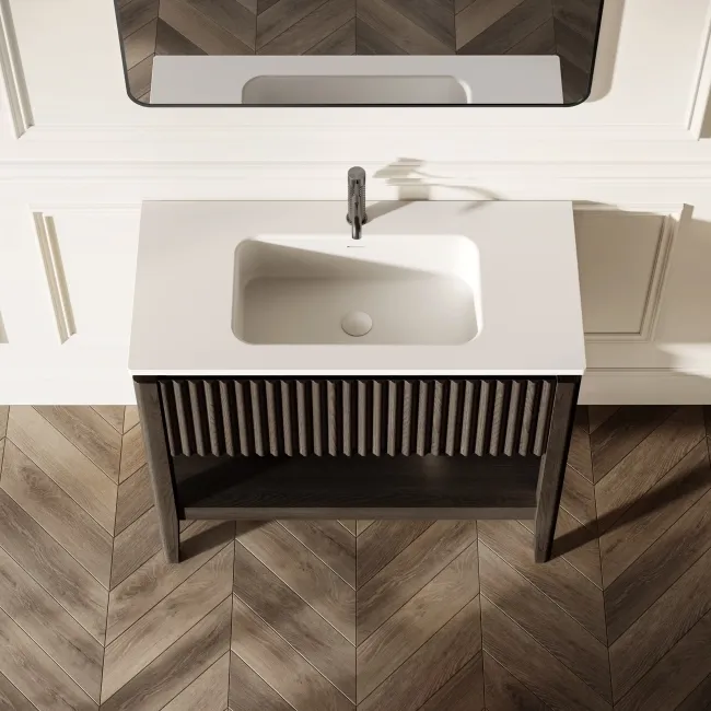 Maru Black Oak Wood Grain Vanity Unit & Matt White Stone Basin 1000mm