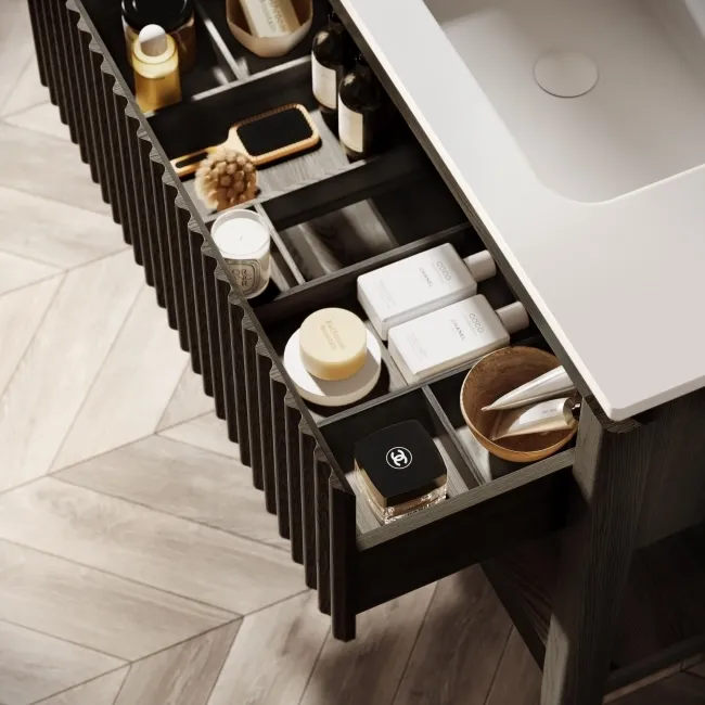 Maru Black Oak Wood Grain Vanity Unit & Matt White Stone Basin 1000mm