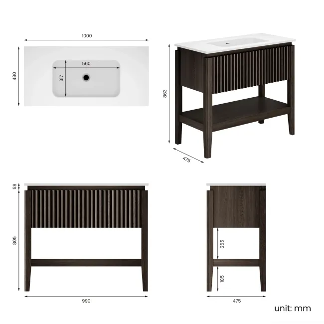 Maru Black Oak Wood Grain Vanity Unit & Matt White Stone Basin 1000mm