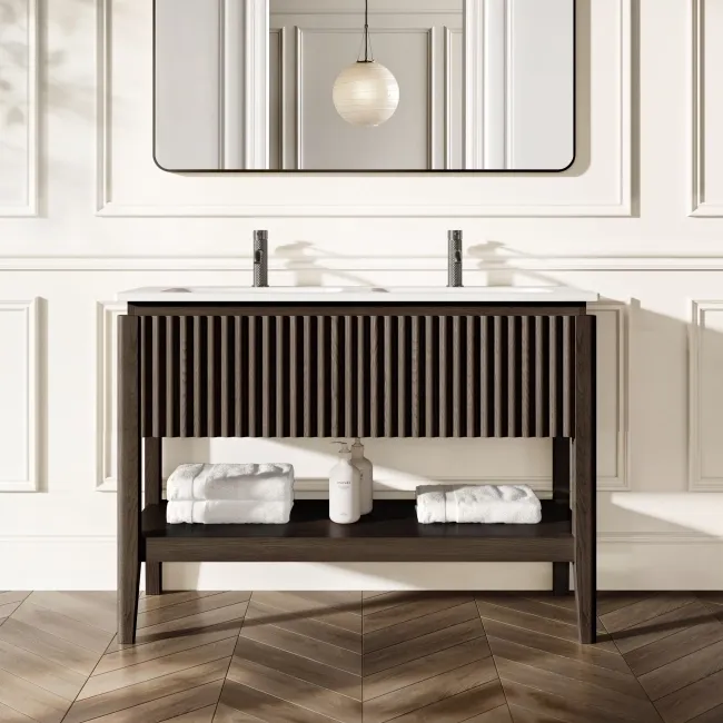 Maru Black Oak Wood Grain Vanity Unit & Matt White Double Stone Basin 1200mm