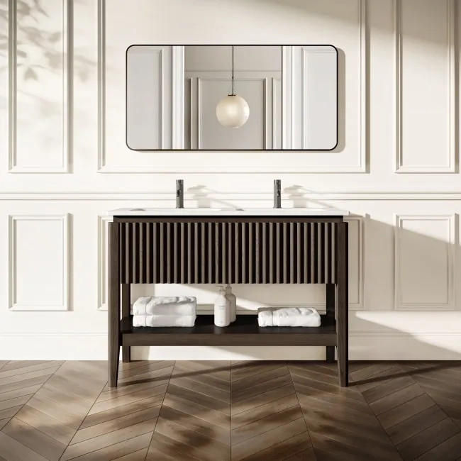 Maru Black Oak Wood Grain Vanity Unit & Matt White Double Stone Basin 1200mm