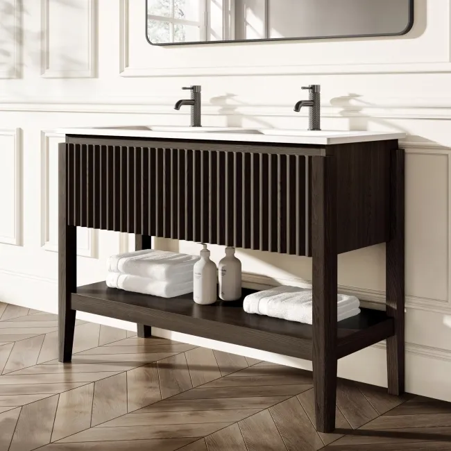 Maru Black Oak Wood Grain Vanity Unit & Matt White Double Stone Basin 1200mm