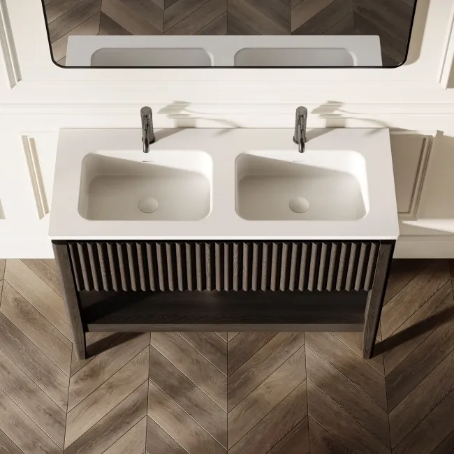 Maru Black Oak Wood Grain Vanity Unit & Matt White Double Stone Basin 1200mm