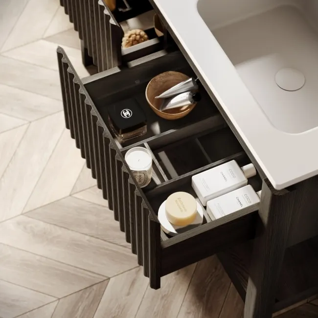 Maru Black Oak Wood Grain Vanity Unit & Matt White Double Stone Basin 1200mm