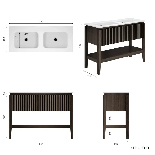 Maru Black Oak Wood Grain Vanity Unit & Matt White Double Stone Basin 1200mm
