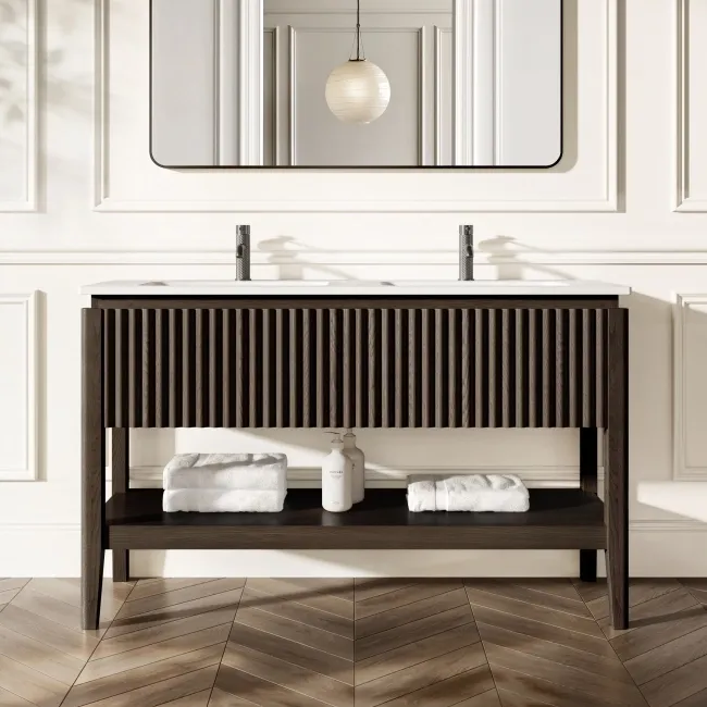 Maru Black Oak Wood Grain Vanity Unit & Matt White Double Stone Basin 1400mm
