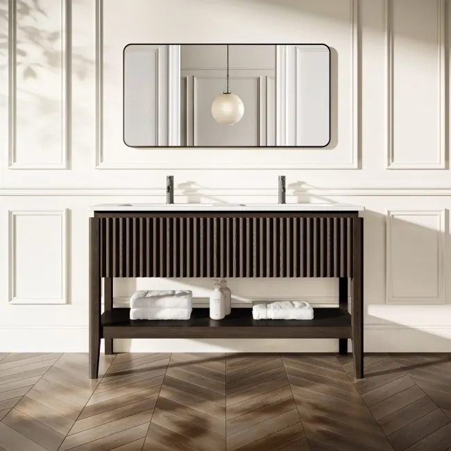 Maru Black Oak Wood Grain Vanity Unit & Matt White Double Stone Basin 1400mm
