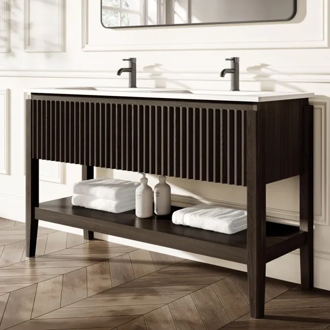 Maru Black Oak Wood Grain Vanity Unit & Matt White Double Stone Basin 1400mm