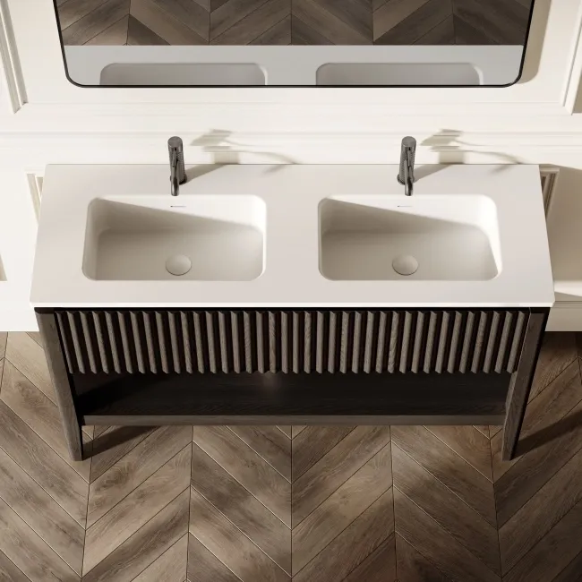 Maru Black Oak Wood Grain Vanity Unit & Matt White Double Stone Basin 1400mm