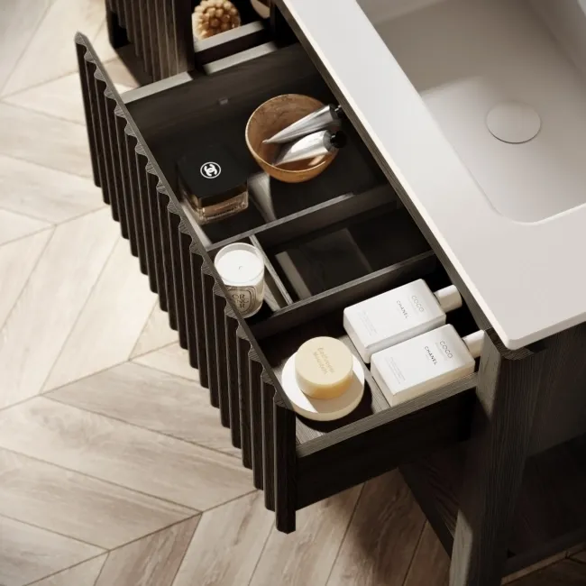 Maru Black Oak Wood Grain Vanity Unit & Matt White Double Stone Basin 1400mm