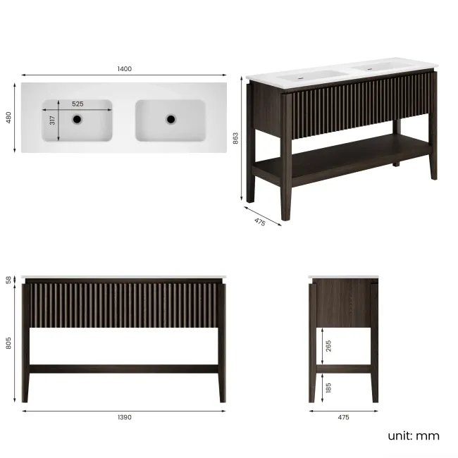 Maru Black Oak Wood Grain Vanity Unit & Matt White Double Stone Basin 1400mm