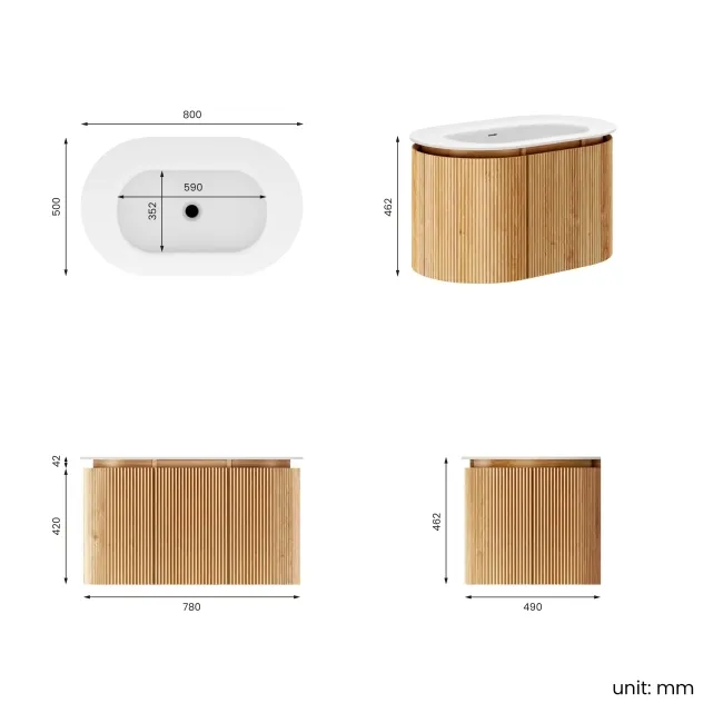Positano Natural Oak Curved Wall Hung Basin Drawer Vanity 800mm