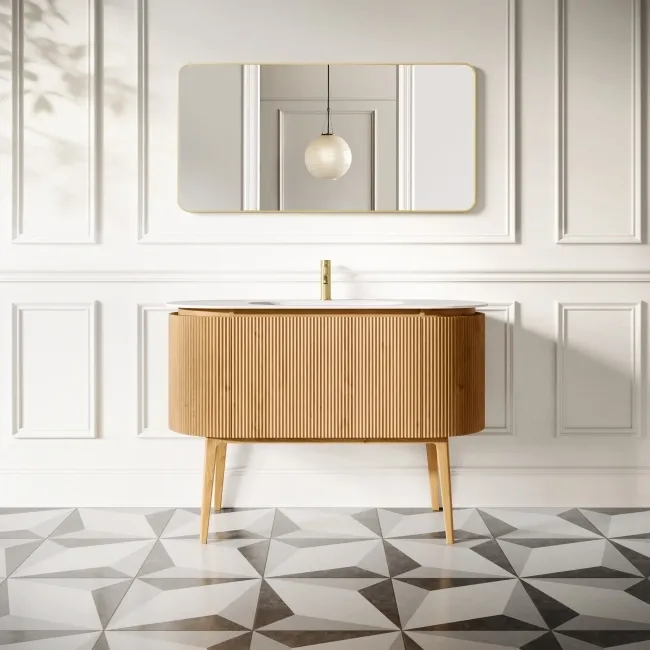 Positano Natural Oak Curved Vanity Unit & Matt White Stone Basin 1200mm